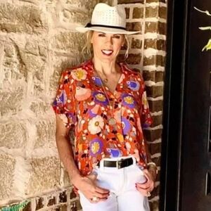 CAbi Floral Blouse in Red and Orange